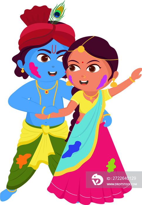 Illustration Of Little Lord Krishna Dancing With Goddess Radha Character On Festival Of Holi.