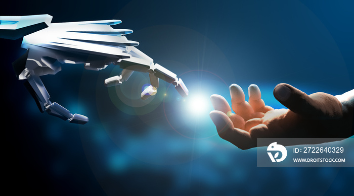 AI: The creation of Adam - a robot hand touches a human hand. With lensflare. Michelangelo.