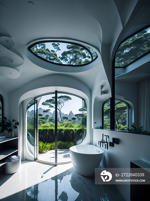 Photo of a luxurious and spacious bathroom with a stunning view through a large window