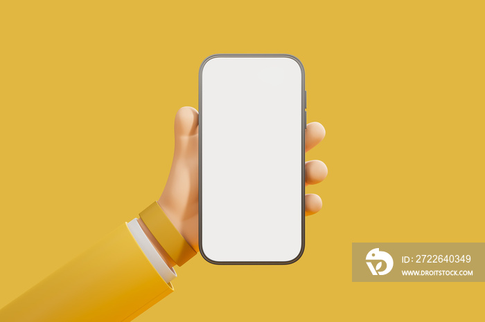 Cartoon character hold a mobile phone with mockup empty screen