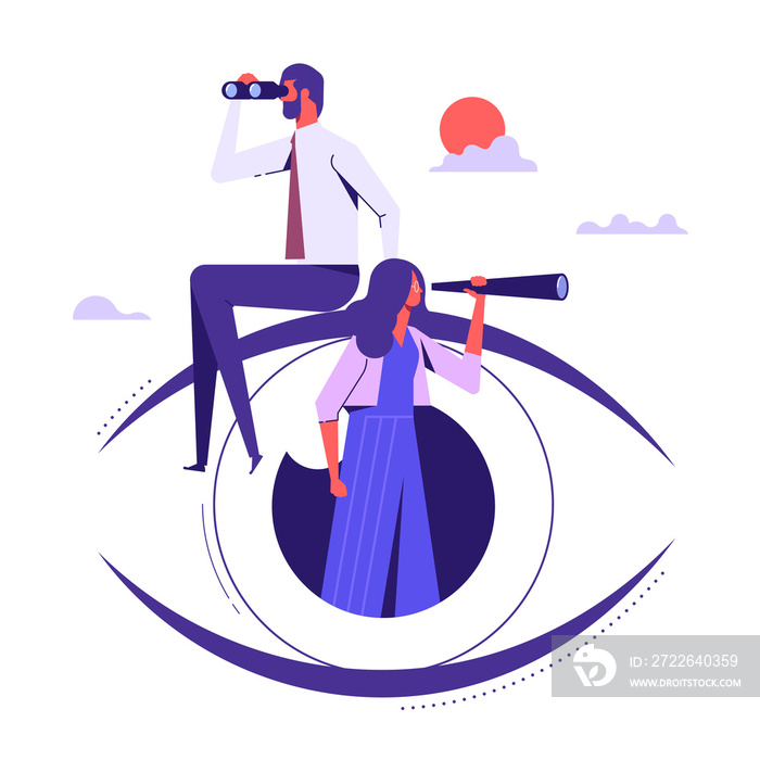 Business team looking to the future with telescope, business vision vector concept