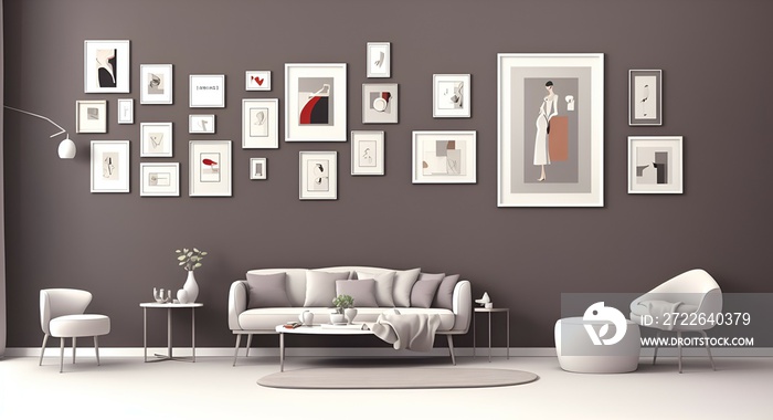 Photo of a cozy living room with a gallery wall of art and photographs