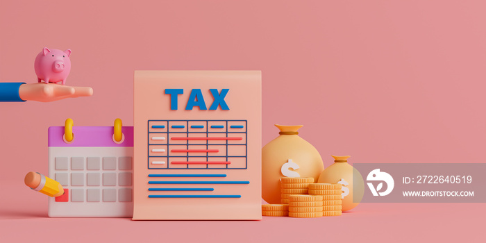 3d rendering concept tax payment. Tax return document with calendar, pencil, piggy bank on hand and us dollar coin on pink background.