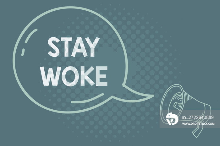 Text sign showing Stay Woke. Business photo showcasing being aware of your surroundings and things going on Keep informed Blank Transparent Speech Bubble with Shining icon and Outline Megaphone