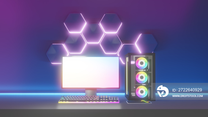 Game room computer desktop decorate with hexagon light wall, Modern PC computer white screen mockup, gaming keyboard. 3d rendering illustration