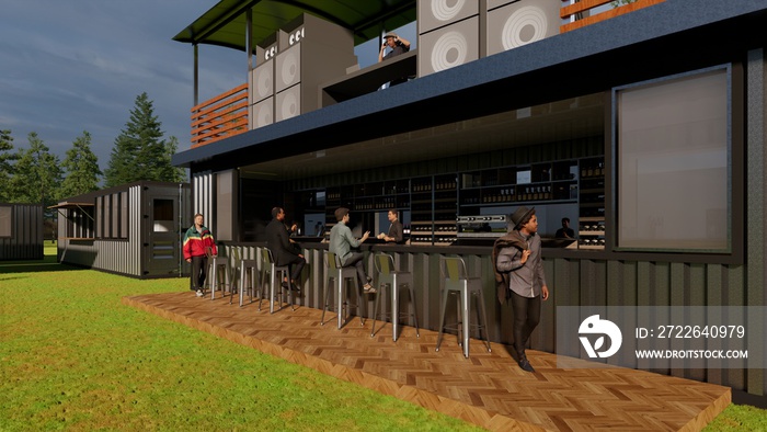 container cafe bar 40 feet 2 floors - illustration minimalist , cafetaria, kiosk, stall, restaurant, coffee shop, food court,  and bar  design  3d realistic rendering architecture on the grass