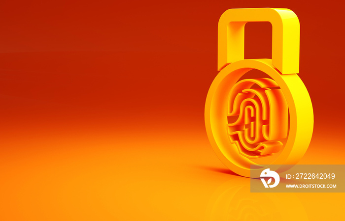 Yellow Fingerprint with lock icon isolated on orange background. ID app icon. Identification sign. Touch id. Minimalism concept. 3d illustration 3D render.