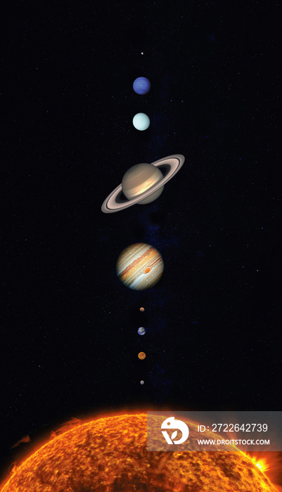 Solar system scale. Sun Mercury Venus Moon Earth Mars Jupiter Saturn Uranus Neptune Pluto. Elements of this image furnished by NASA