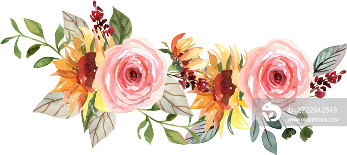 Pink rose and sunflower Watercolor Floral Bouquet