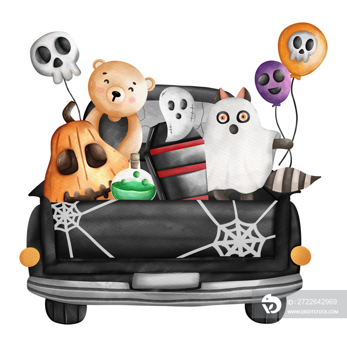 Cute Halloween animals, Trick or Treat. Halloween Animals kid ghost on truck