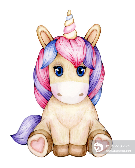 Cute  sitting baby unicorn cartoon, isolated on white.