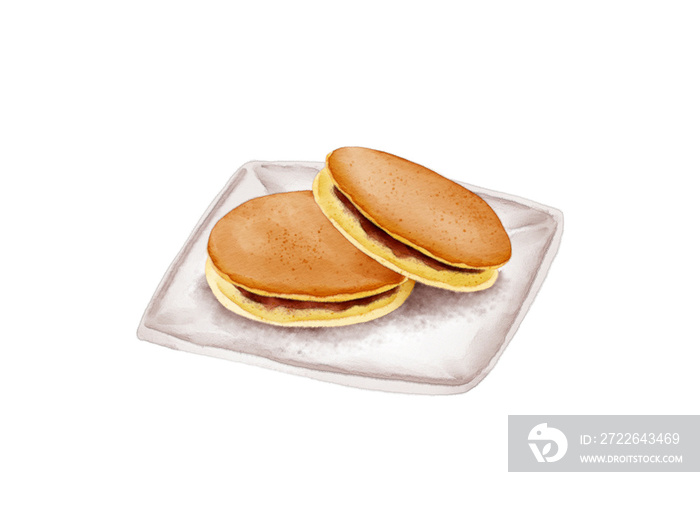 Watercolor Illustration of A classic Japanese confection Dorayaki, made of honey pancake sandwich with sweet red bean filling. It is Doraemon’s favorite food.