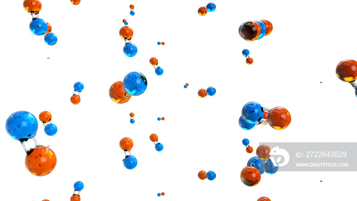 Colorful 3d illustration of hydrogen molecule on isolated background. H2 particles falling down.