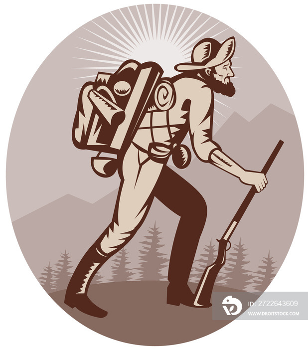 illustration of a Miner prospector hunter trapper hiking with sunburst in background