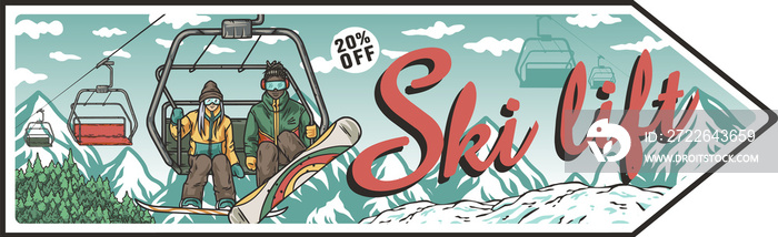 Snowboarders on a ski lift. Winter activ sports. Snowboarding and downhill skiing in a horizontal poster