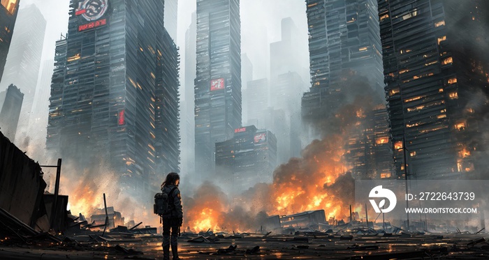 person standing in a burning city