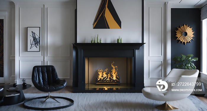 Photo of a cozy living room with a warm fireplace and comfortable chair