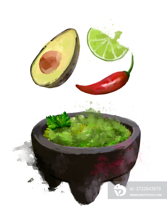 Guacamalo en molecajete. Ilustracion de comida tipicia mexicana en estilo de pintura