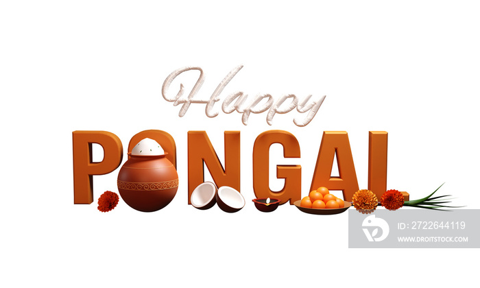 3D Render Happy Pongal Text With Festival Elements Against Background.