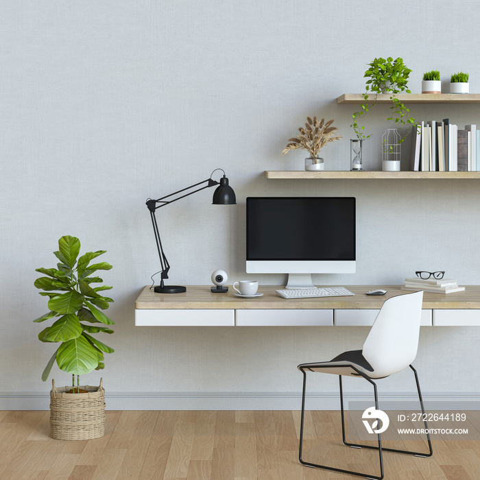 3D render of interior living room workspace with desk and desktop computer