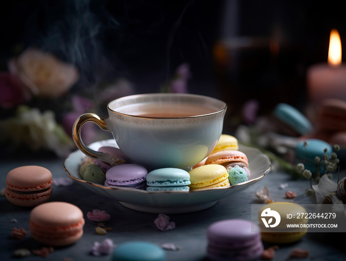 Cup of tea with steam rising, surrounded by a beautifully arranged assortment of pastel-colored macarons.