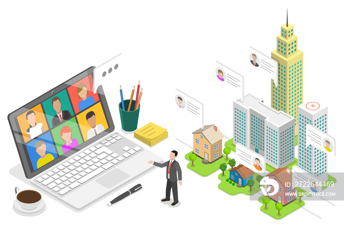 3D Isometric Flat  Conceptual Illustration of Hybrid Work