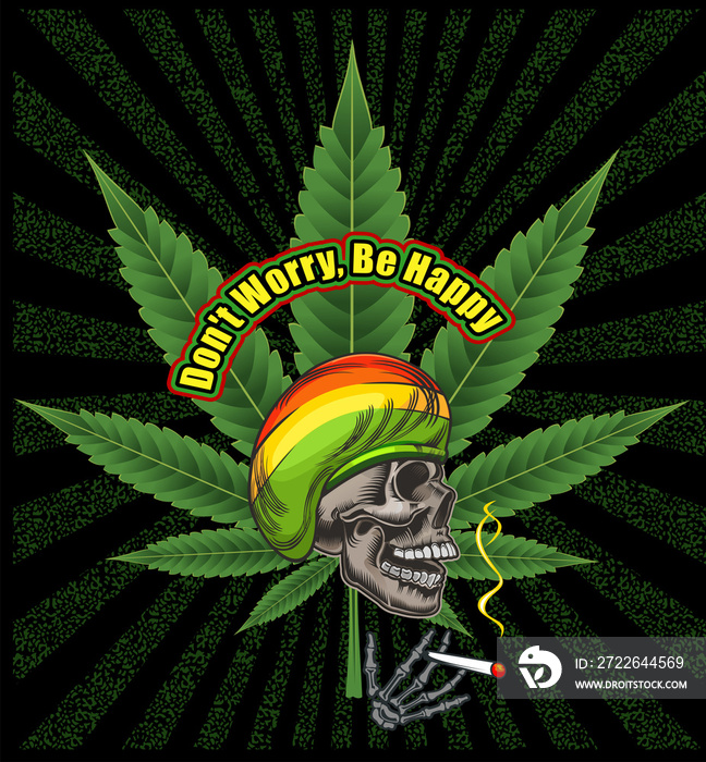 Rastaman skull with cannabis leaves and cigarette