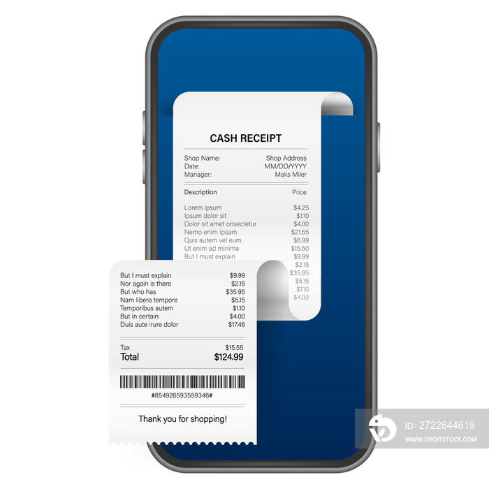 Receipt for smartphone screen. Pay tax online receipt Business card for mobile app design. Mobile bank app.  stock illustration.