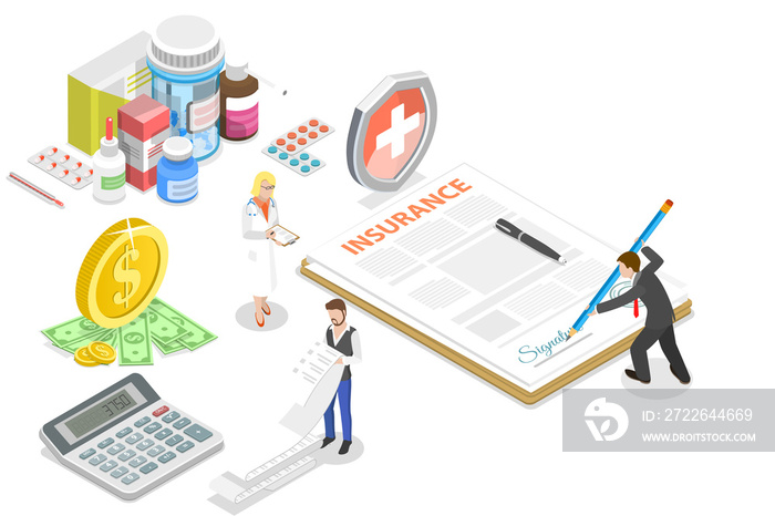 3D Isometric Flat  Conceptual Illustration of Health Insurance