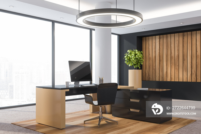 Modern wooden office interior with furniture.