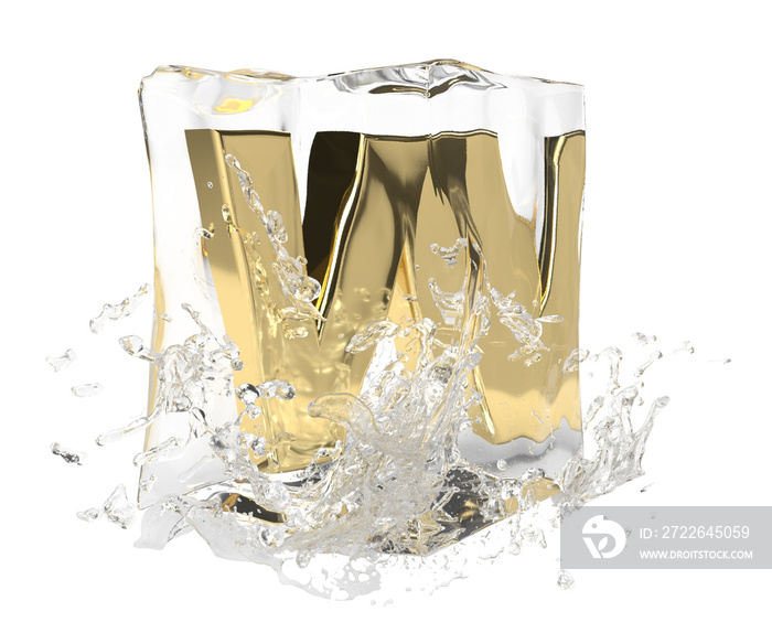 Gold letter W in cube of melting ice and drop water on isolated background. Idea for winter splash banner. 3d rendering