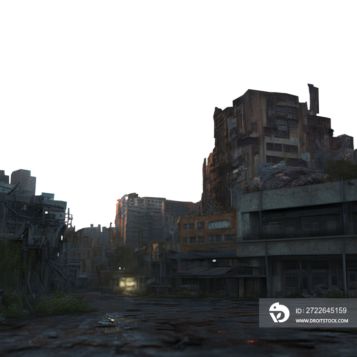 Destroyed post apocalyptic town with ruins and debris. 3D digital illustration. Transparent isolated background.