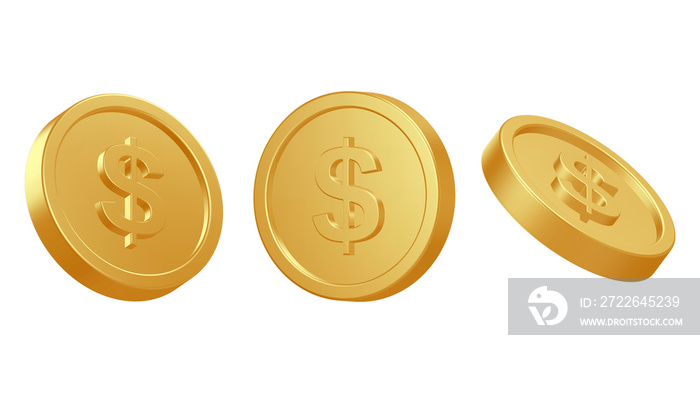 3d render multiple angles animated gold realistic shiny icon dollar currency forex money finance trade coin isolated background