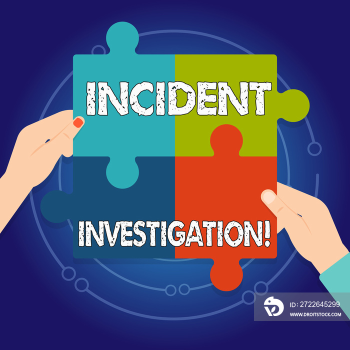 Text sign showing Incident Investigation. Business photo text Account and analysis of an incident based on evidence Four Blank Multi Color Jigsaw Puzzle Tile Pieces Put Together by Human Hands