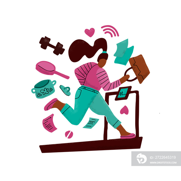Woman on a treadmill runs away from problems. Girl surrounded by household chores. Concept of hard working. multitasking print. flat hand drawn cartoon illustration. Square layout.