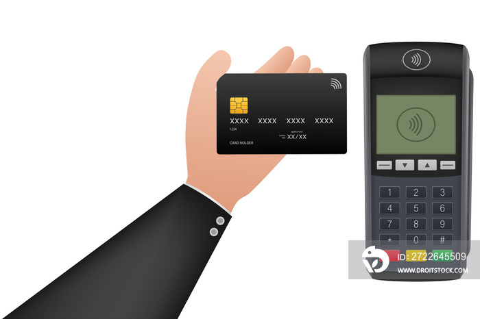 Contactless Payment Methods Mobile smart phone and wireless POS Terminal realistic style.  stock illustration