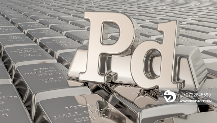 Palladium ingots background with Pd symbol. 3D rendering