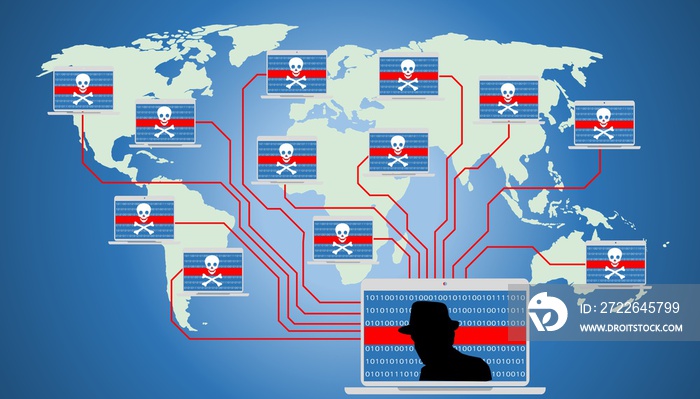 Illustration of insecure network, world wide computer controlled by a botnet master. Botnet is a number of Internet-connected devices, each of which is running one or more bots.