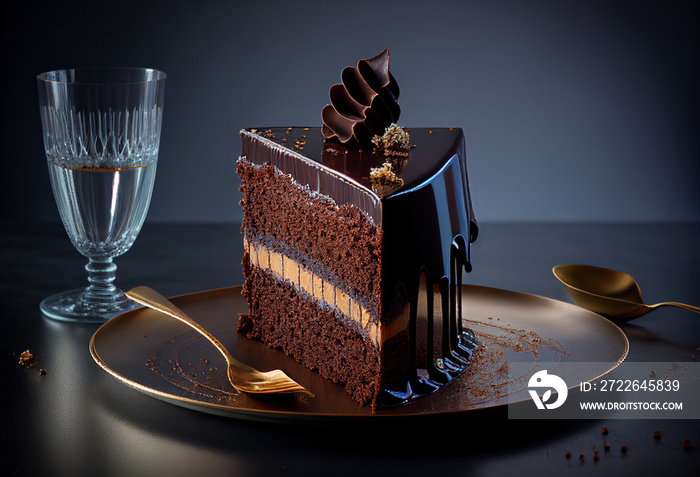 Plate with slice of tasty homemade chocolate cake on grey table. Space for text