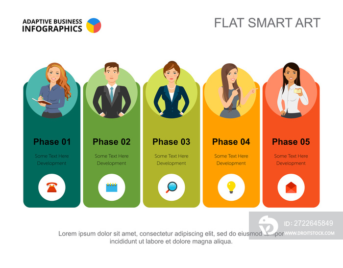 Five phase infographics. Step diagram, process chart, slide template. Creative concept for presentation, project, report. Can be used for topics like business, workflow, teamwork