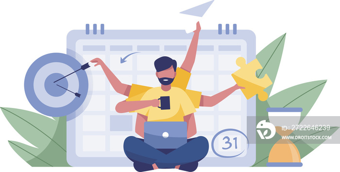 Work productivity and efficiency, business idea. Young man or Businessman working hard with many hands with calendar. png illustration