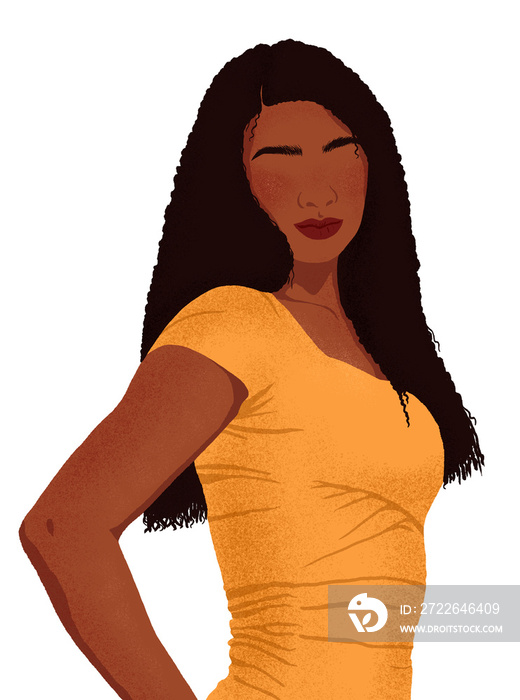 A beautiful African woman in a mustard dress with long hair. Modern flat fashion illustration. PNG file on a transparent background.