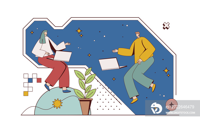 Open space concept with character situation in flat design. Woman and man working on laptops, communicate and doing project tasks in coworking office. Illustration with people scene for web