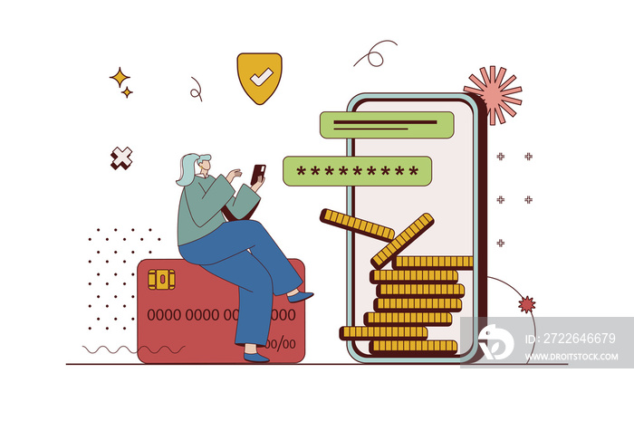 Mobile banking concept with character situation in flat design. Woman making online money transfers and secure purchase transactions using mobile app. Illustration with people scene for web