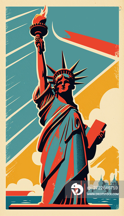 Digital postcard of the Statue of Liberty. 4k Vintage Illustration