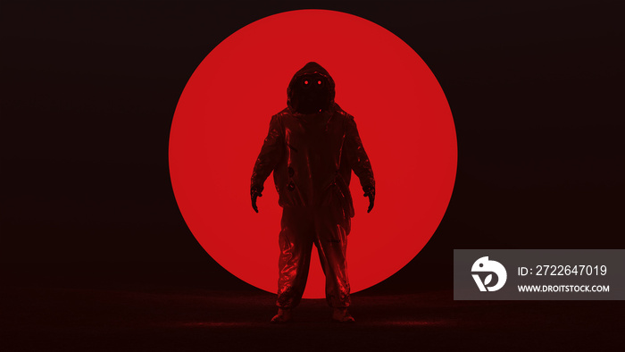 Man in a Hazmat NBC Suit with a Big Red Alien Sphere in a Dark foggy void 3d Illustration 3d render