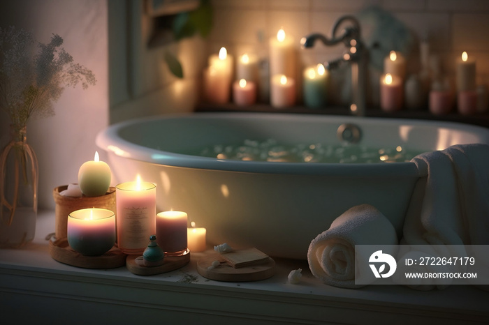 Warm peaceful mood of hot bath with bathtub , along with candles, aroma soap and oils