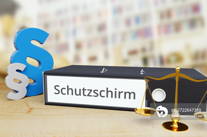 Schutzschirm – Ordner mit Beschriftung, Paragraf und Waage – Recht, Gesetz, Anwalt