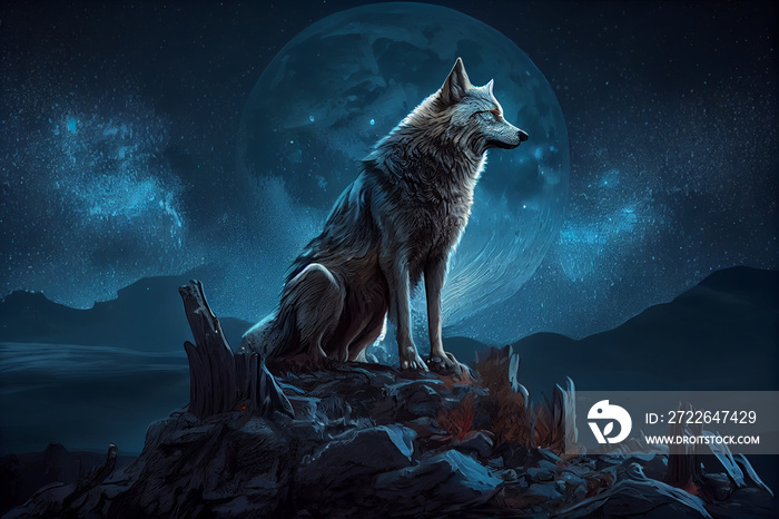 wolf in the night sitting on the mountain