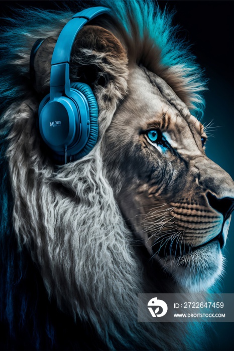 the lion in his moment of relaxing in the jungle listening to his favorite music